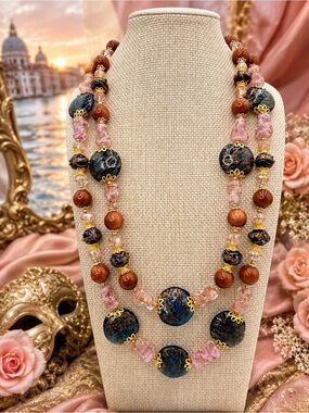 Artisan Double Strand Venetian Glass Goldstone Swarovski Crystal Necklace 20-22”